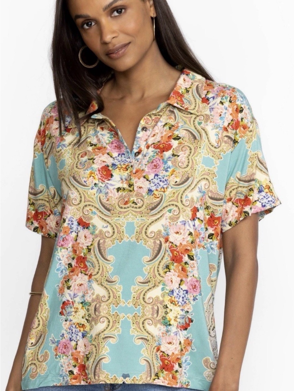Johnny Was Womens Size 2X Rivoray Bamboo Floral SS Paisley Polo Collar Top Boho
